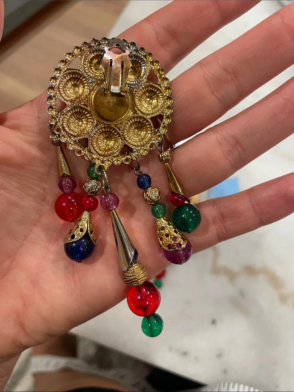 Gold-Tone Multicolor Beaded Drop Earrings - Vibrant Red, Green, Blue, Purple